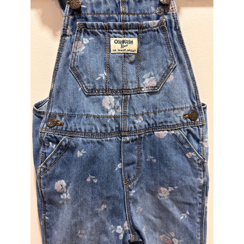 OshKosh Bgosh Girls 3T Floral Denim Overalls Blue Cotton  Vintage Style - Picture 2 of 4